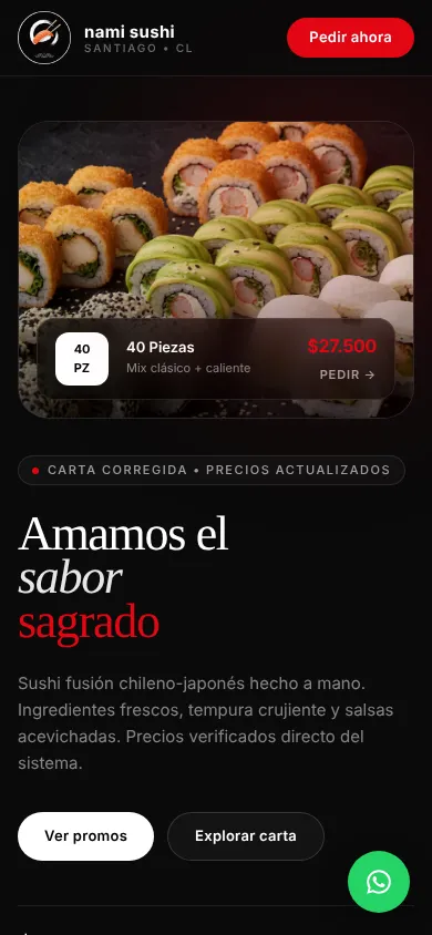 Vista en celular del sitio de Nami Sushi